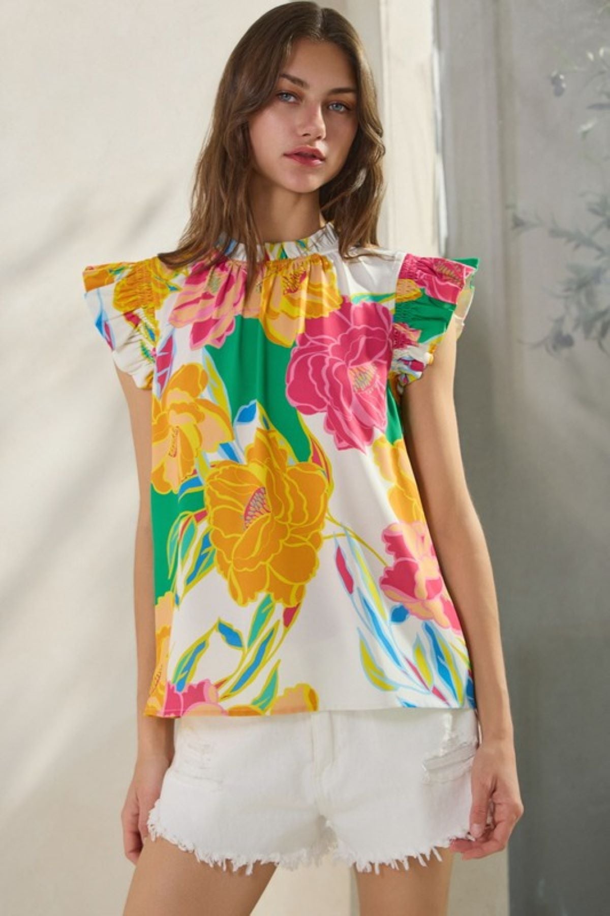 Plus Print Top with flutter Sleeves