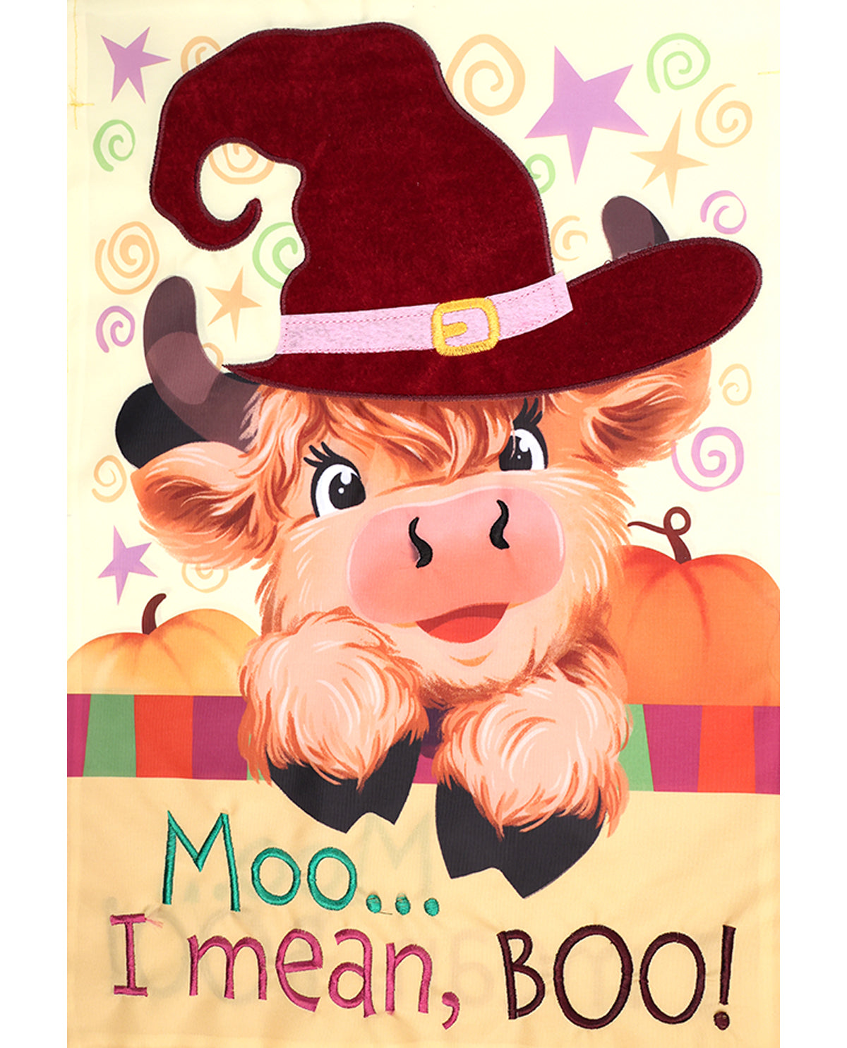 Moo...I Mean Boo Highland Cow Applique Garden Flag