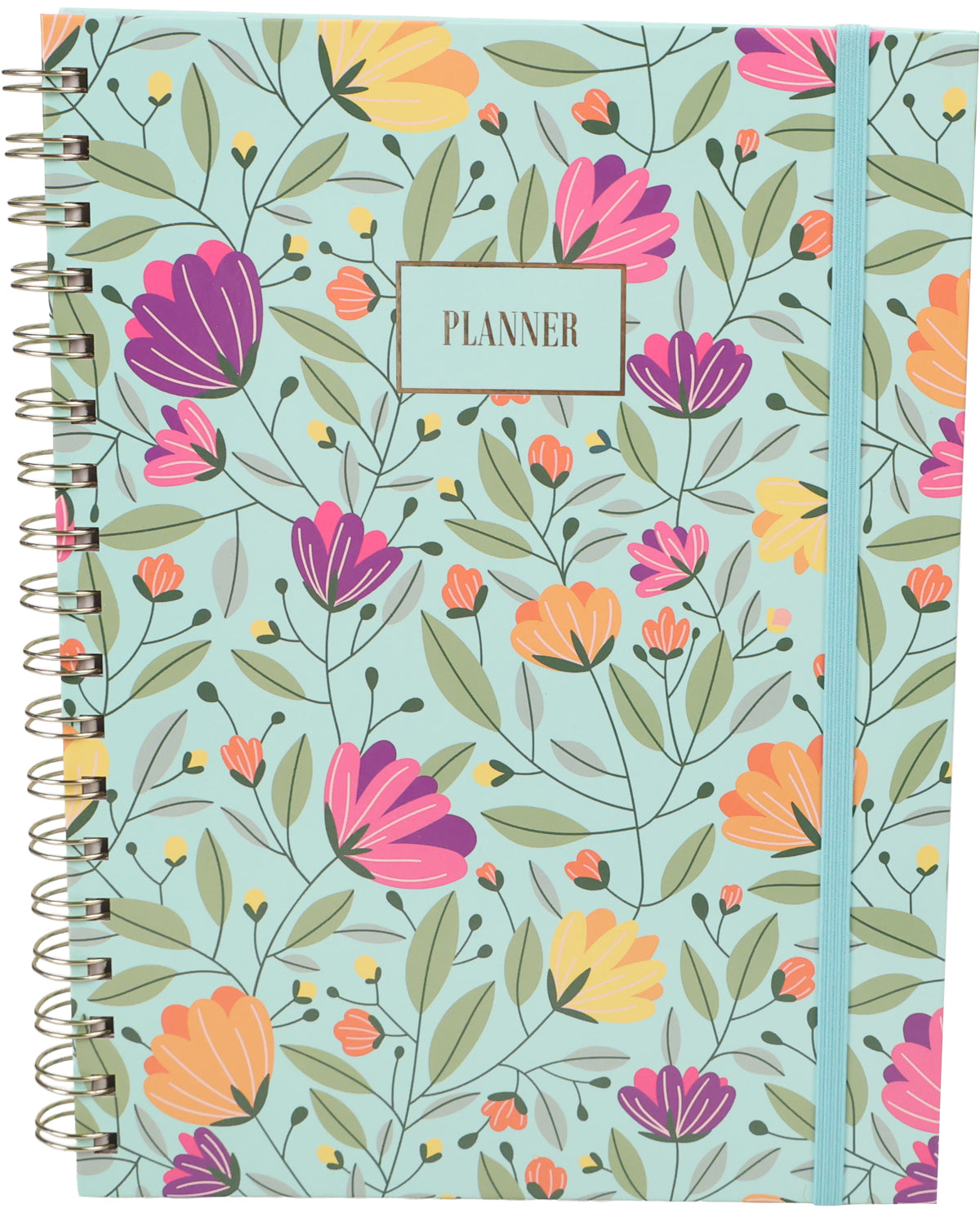 A spiral-bound planner with a light blue-green background and a colorful floral pattern of pink, purple, orange, and yellow flowers with green leaves. A white label on the front reads 'PLANNER'.