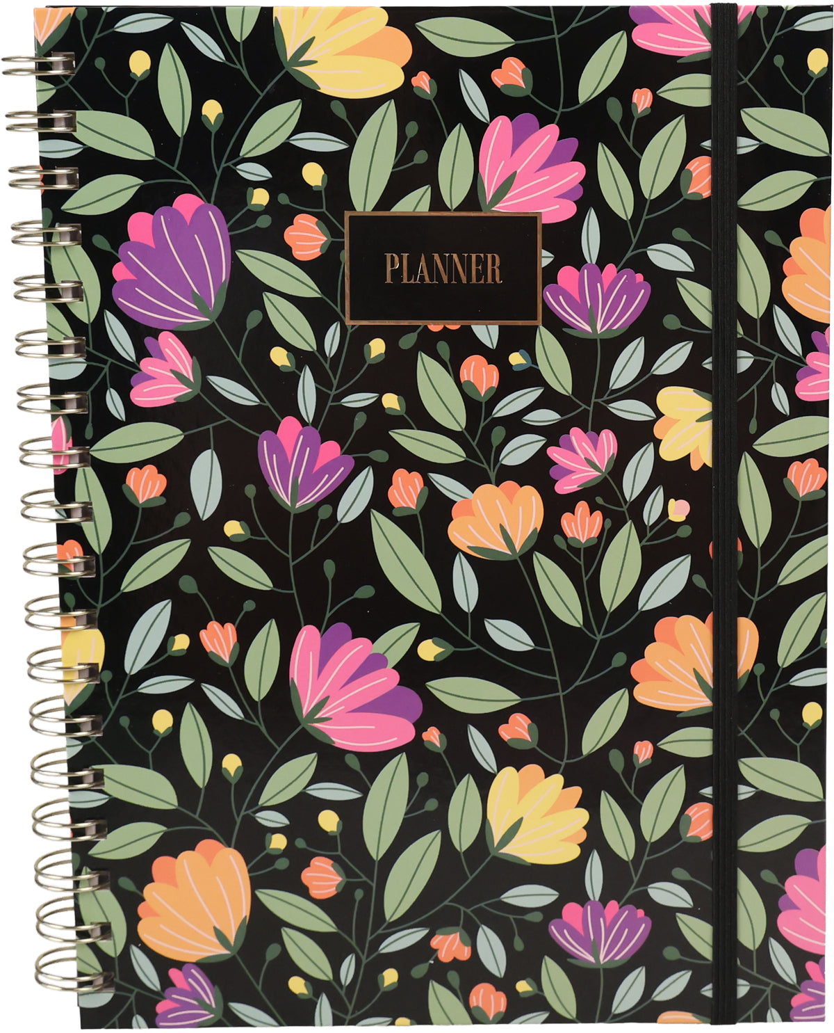 A spiral-bound planner with a black cover decorated with a colorful floral pattern of pink, purple, orange, and yellow flowers with green leaves. A gold-bordered label on the front reads 'PLANNER'.