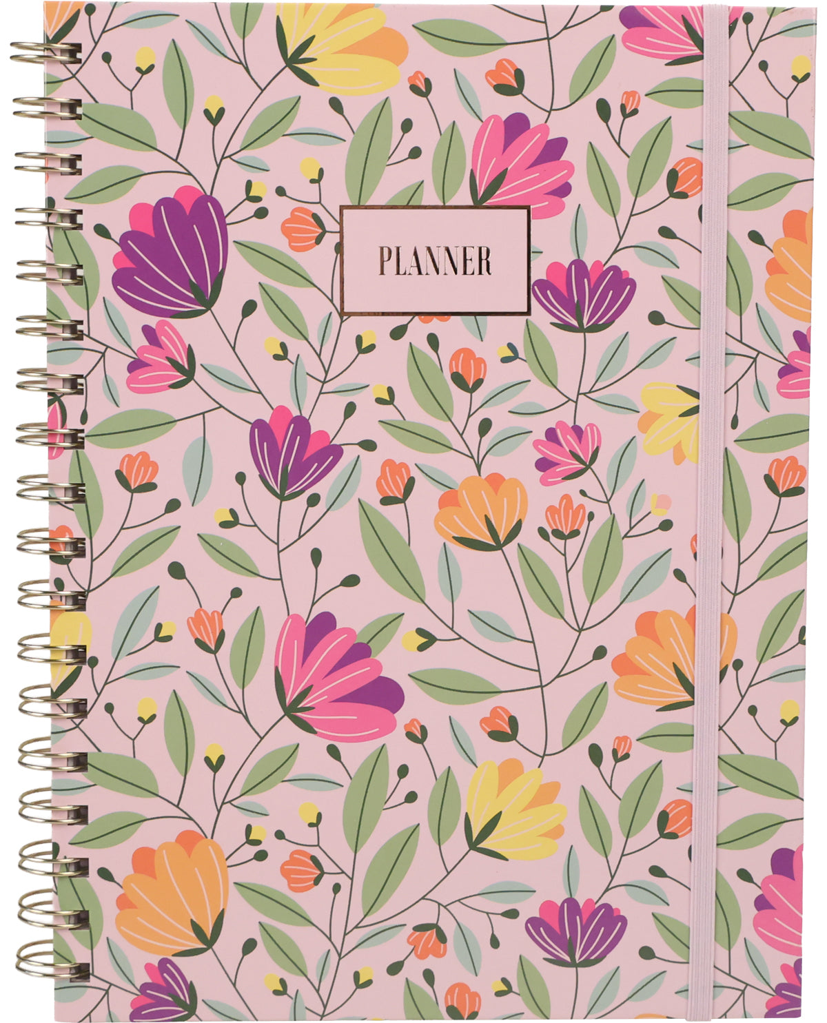 A spiral-bound planner with a light pink cover decorated with a colorful floral pattern of purple, pink, orange, and yellow flowers with green leaves. A central label reads 'PLANNER'.