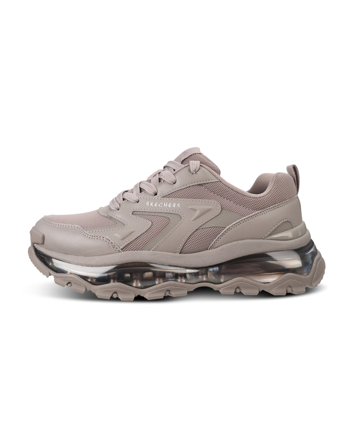 A single low-top athletic sneaker in a muted taupe-gray colorway, featuring a chunky transparent air-filled sole and the brand name 'BLACKCREEK' printed on the side, set against a plain white background.