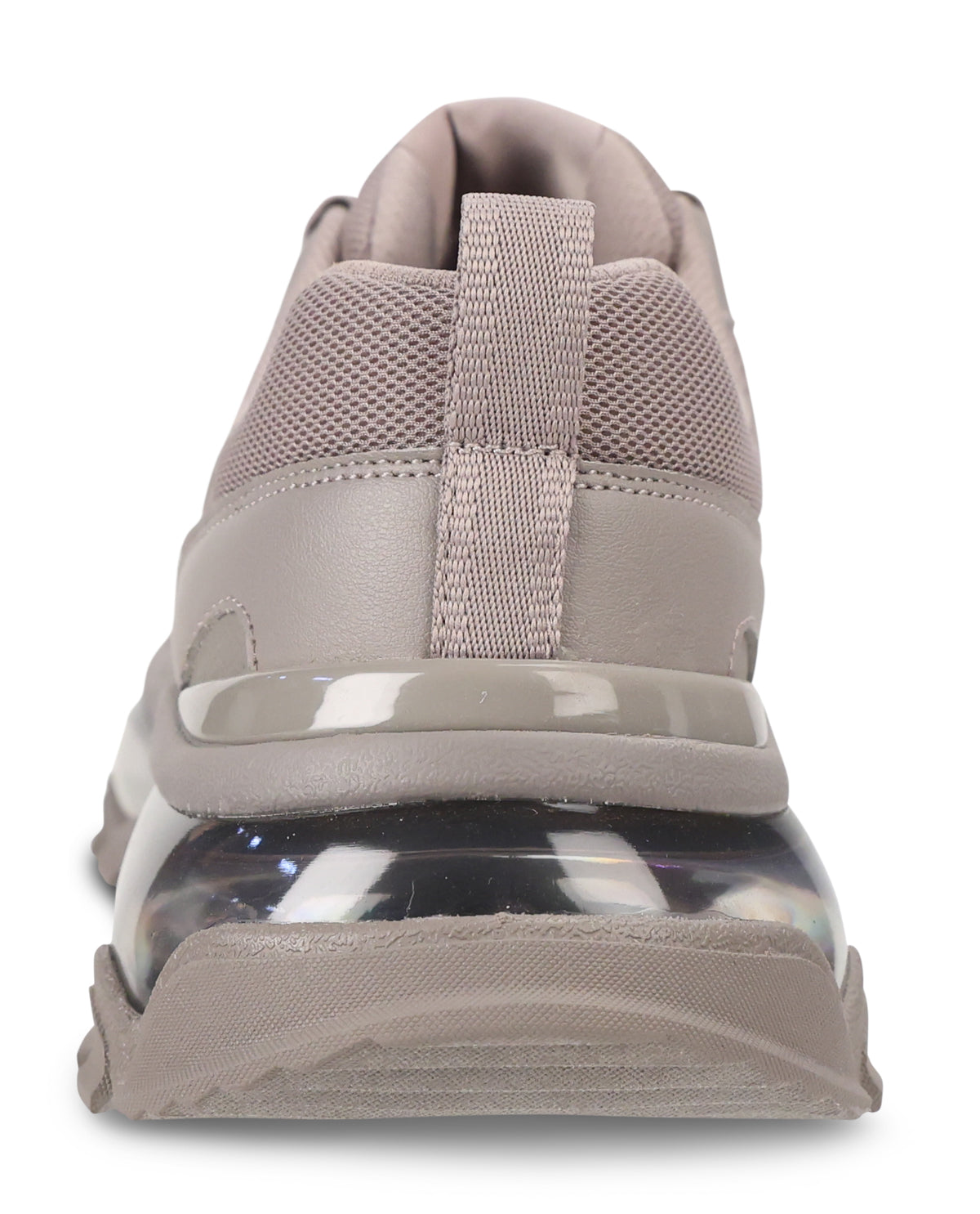 A close-up rear view of a taupe gray sneaker with a thick, chunky sole featuring a clear, bubble-like transparent section.