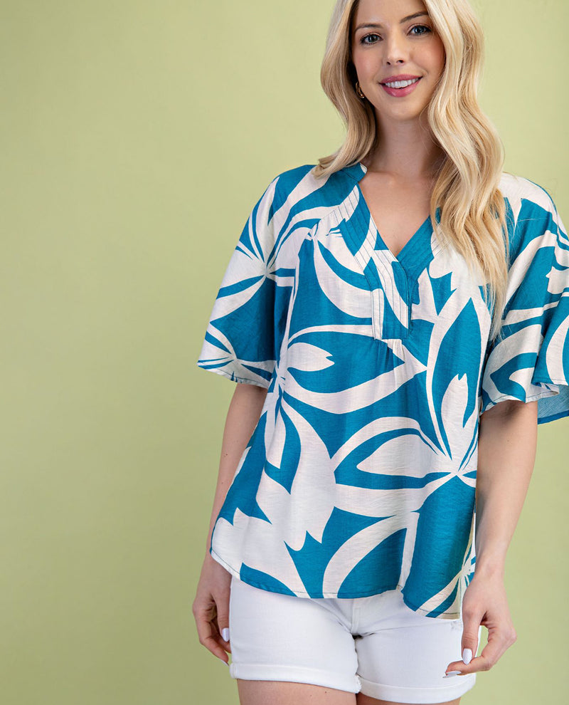 Gigio Print V-Neck Mint Mix Top Turquoise