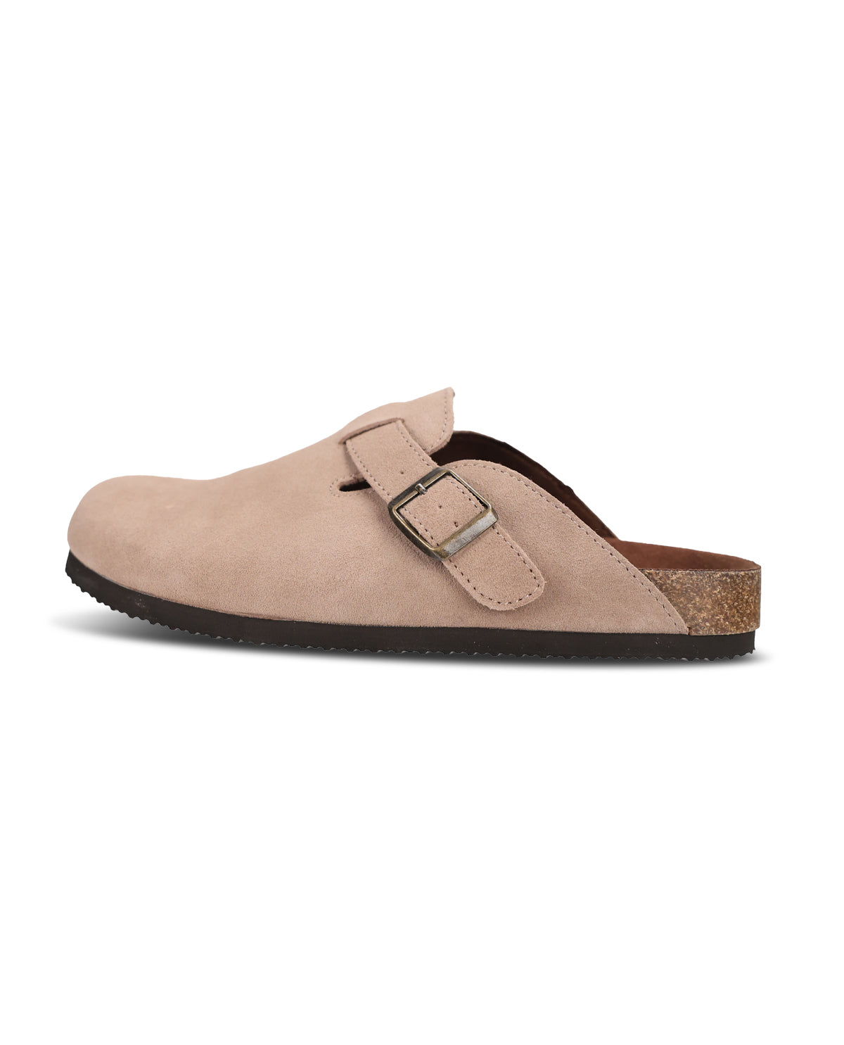 A single light beige suede clog shoe with a double strap buckle closure, dark brown sole, and cork heel, shown from a side profile on a white background.