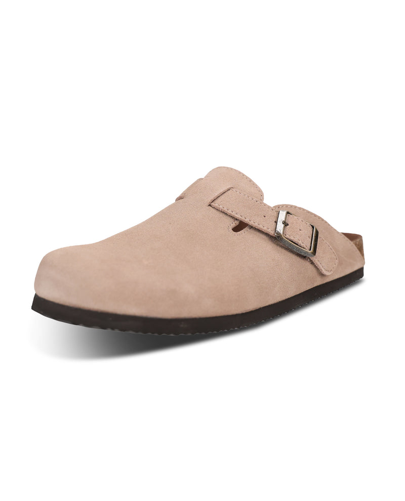 A single light beige suede clog shoe with a double strap closure and a silver buckle, shown from a three-quarters angle on a white background.