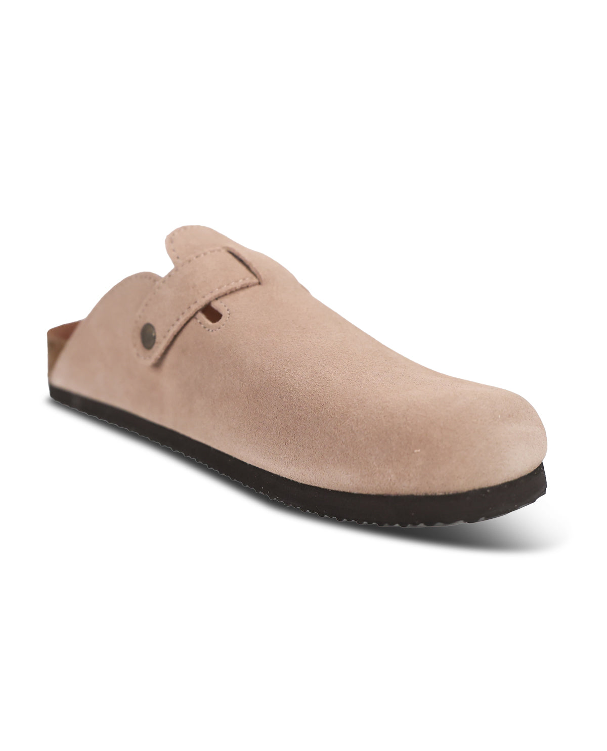 A single slip-on clog-style shoe in light beige suede with a dark sole, shown from a three-quarters angle on a white background.