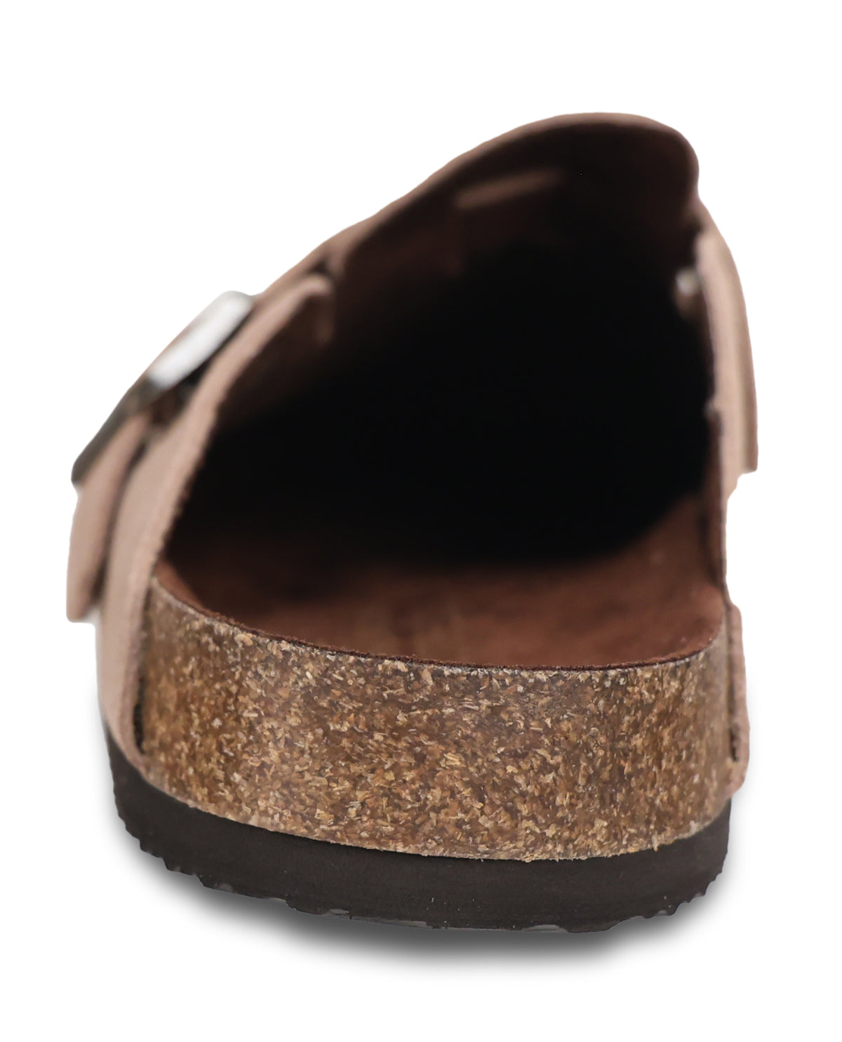 A close-up rear view of a slip-on clog sandal with a brown textured cork-look heel, dark sole, and a metallic rose-gold buckle strap, shown on a white background.
