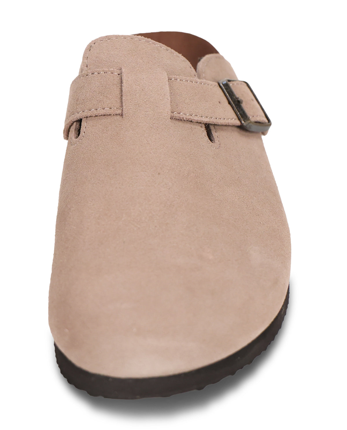 A single light beige suede clog shoe with a single strap and a dark buckle, shown from a high-angle perspective on a white background.