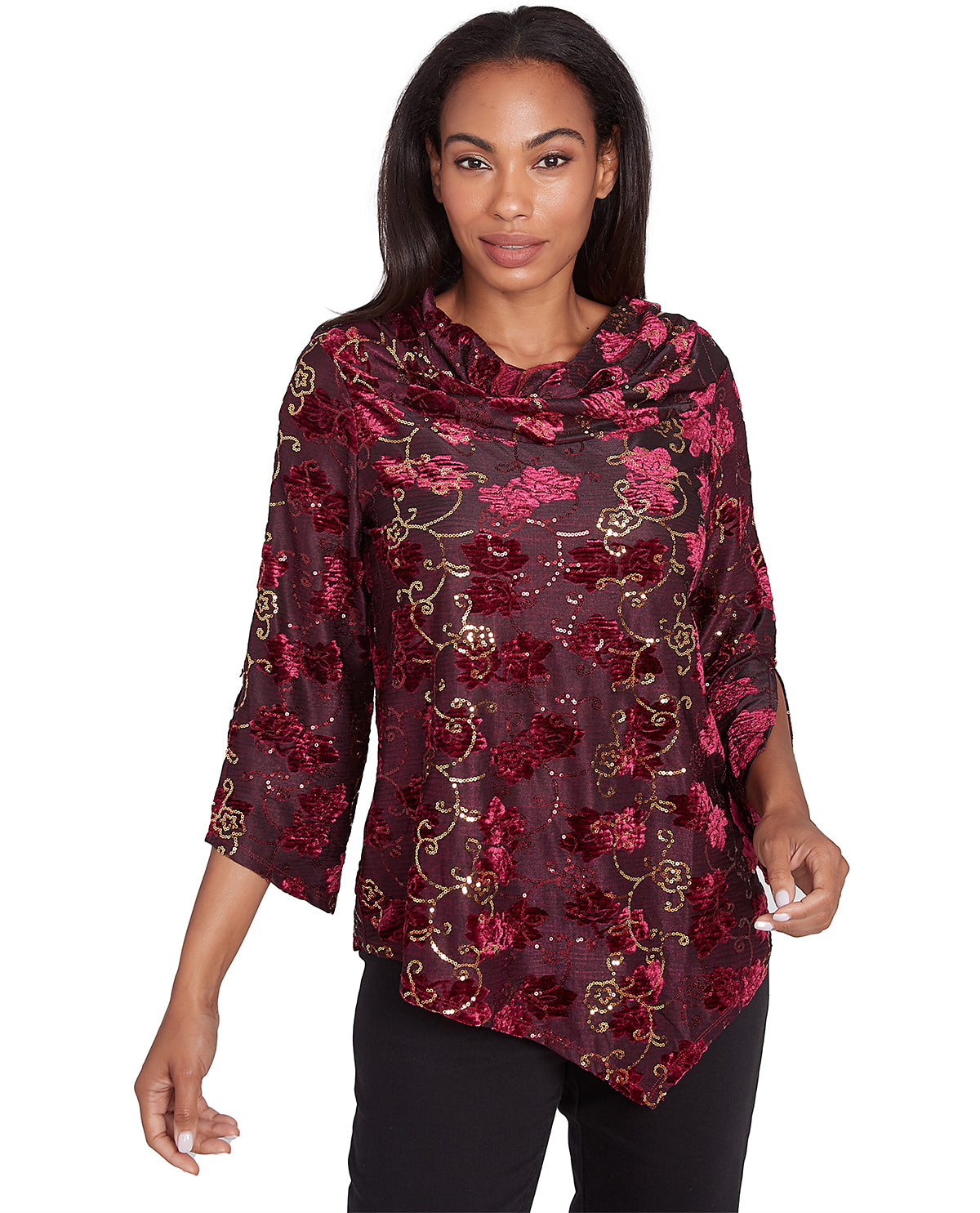 Ruby Road Berry Glam Floral Velvet Knit Top