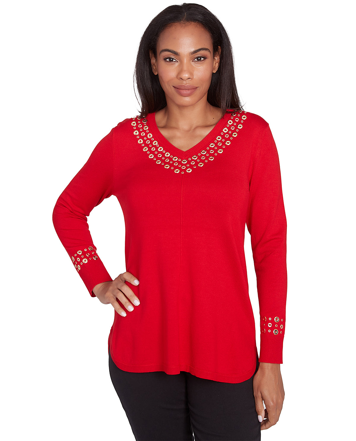Ruby Road Berry Glam Embroidered V-Neck Pullover Sweater