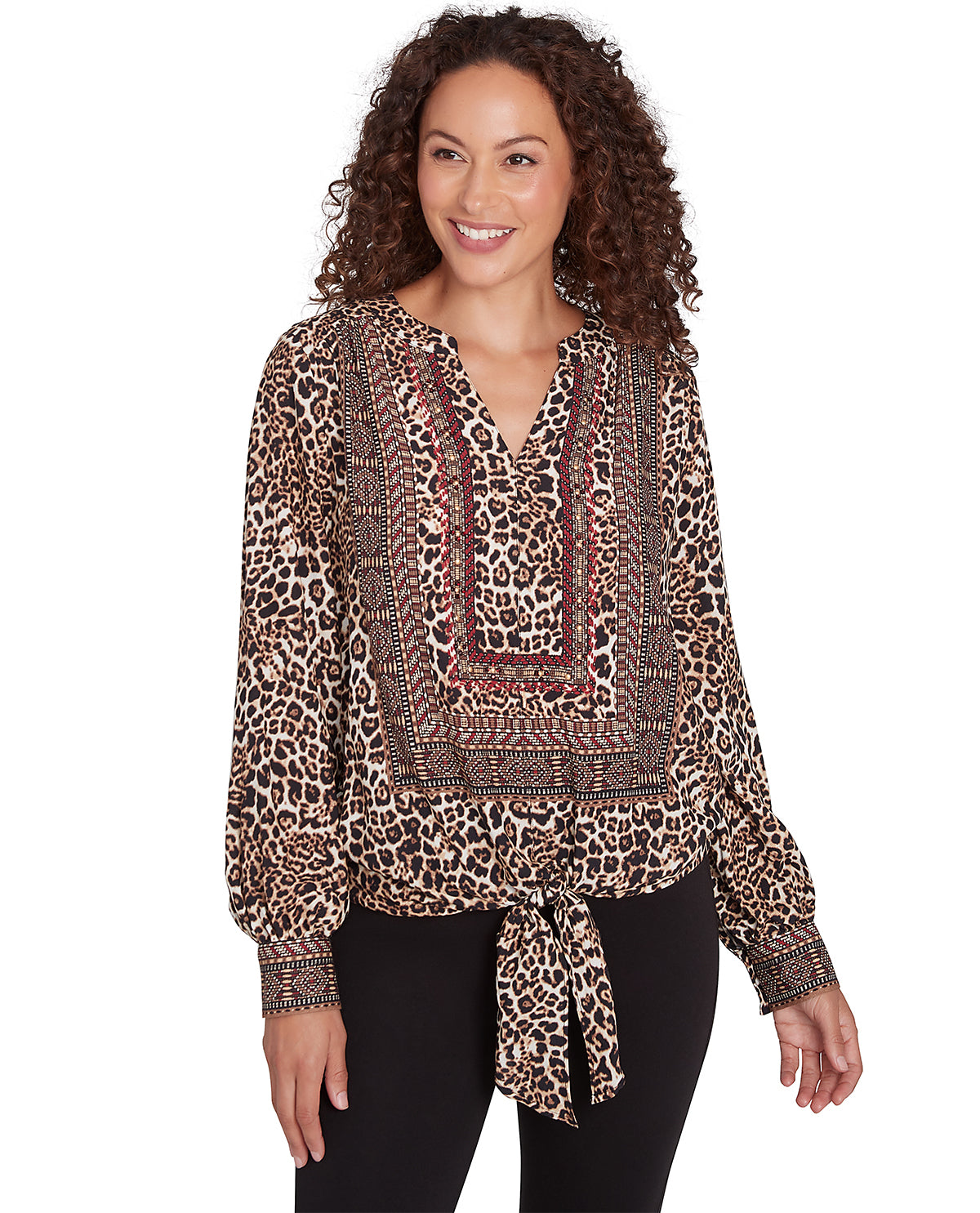 Ruby Road Go Wild Leopard Print Front Tie Woven Top