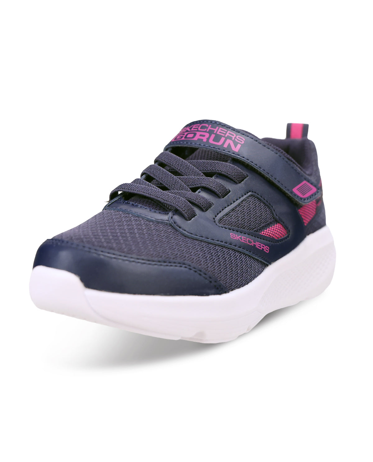 A Skechers ReRun sneaker in navy blue and white, featuring a mesh upper, hook-and-loop strap closure, and pink accents on the tongue and side, set against a plain white background.