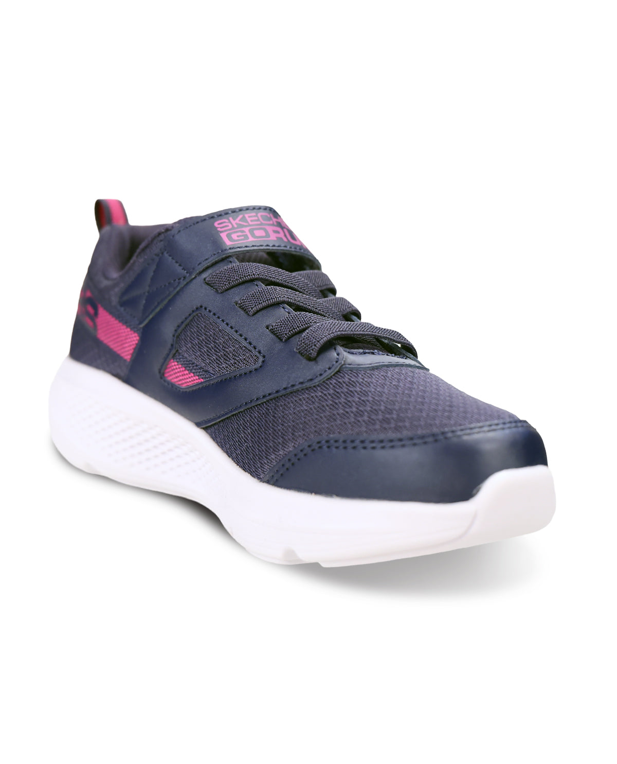 A Skechers Icon 2 sneaker in navy blue with bright pink accents and a thick white sole, shown from a three-quarters angle on a white background.