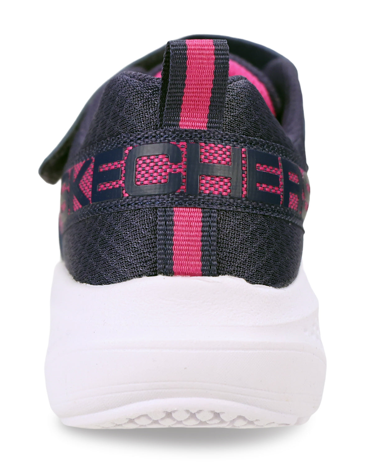 A close-up rear view of a Skechers sneaker in black and pink, featuring a thick white sole.