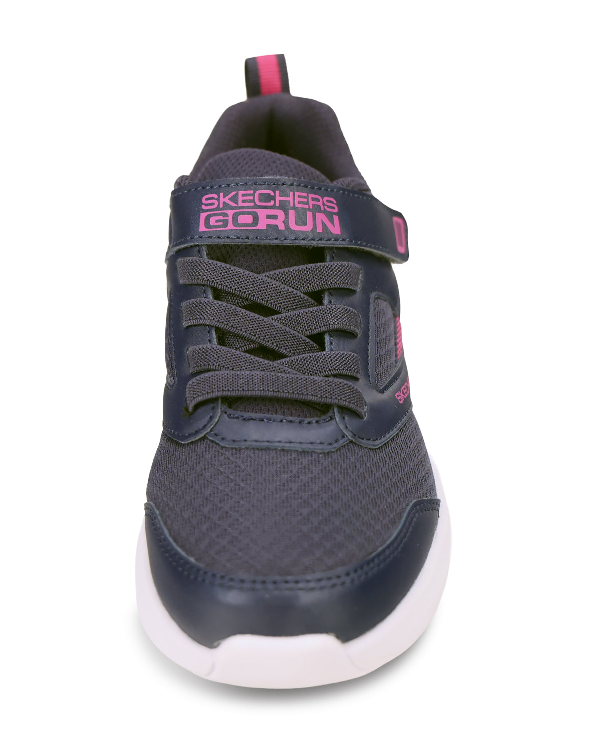 A Skechers GoRun sneaker in navy blue with pink accents and a white sole, shown from a front-facing perspective on a white background.
