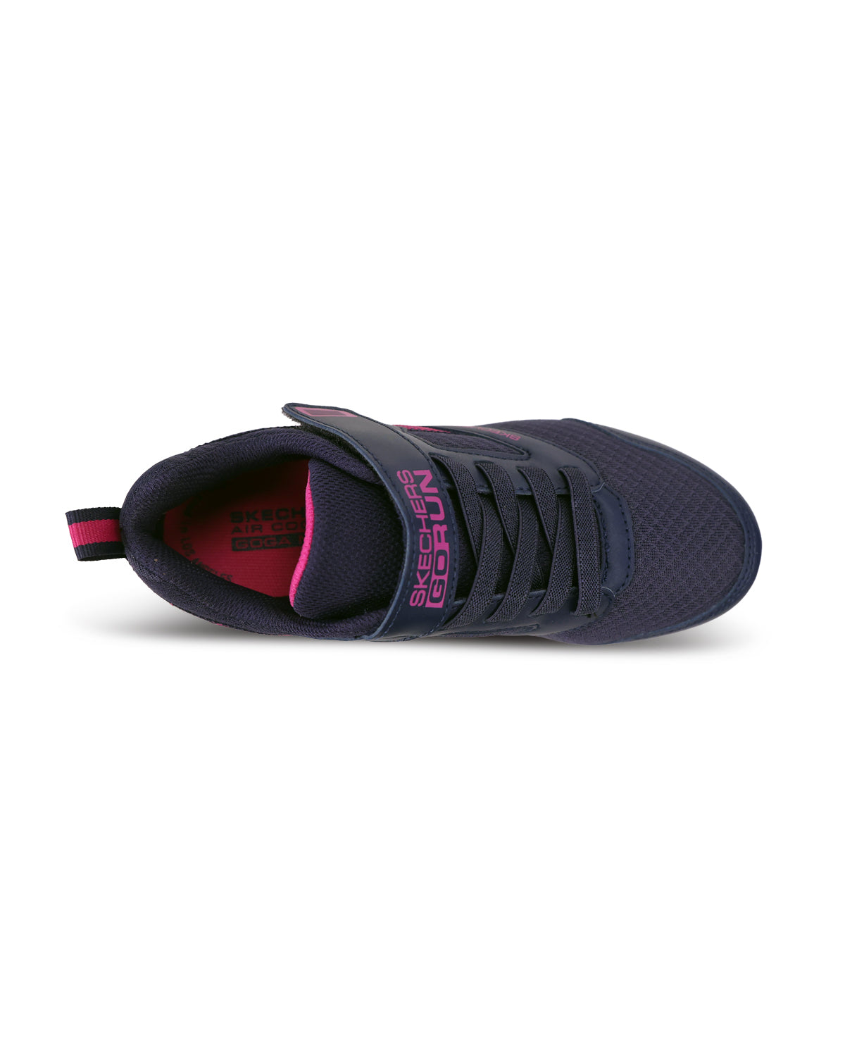 A dark navy blue athletic shoe with a bright pink interior lining and pink branding text on the side, shown from a side profile view against a white background.