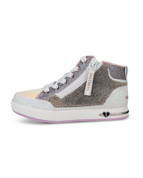A Skechers high-top sneaker featuring a textured silver and glitter upper, white laces, a white midsole, and a light purple outsole, shown against a plain white background.