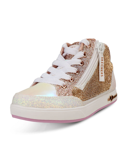 A high-top sneaker by Skechers featuring a white and iridescent glitter toe cap, a gold glitter side panel, white laces, a white side zipper with a Skechers tag, and a white sole with a pink outsole.