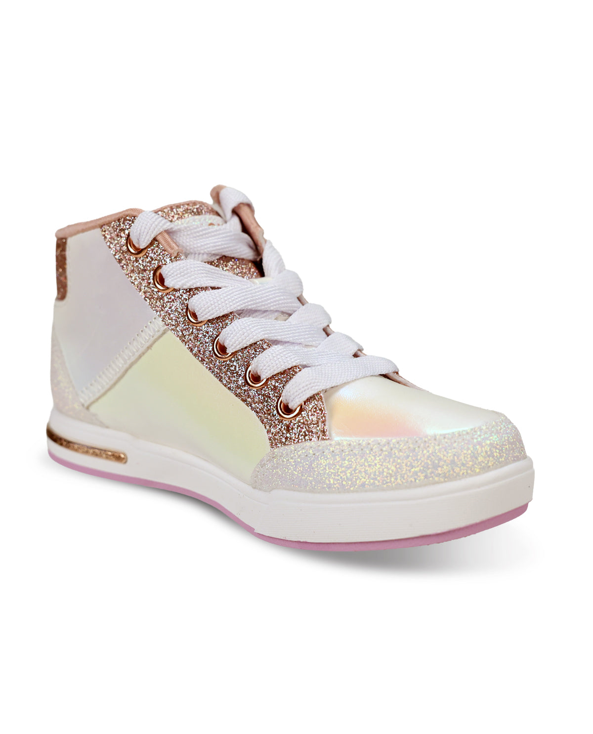 A high-top sneaker featuring a white and iridescent glitter upper, rose gold glitter panels, white laces, and a white sole with a pink outsole edge, shown against a plain white background.
