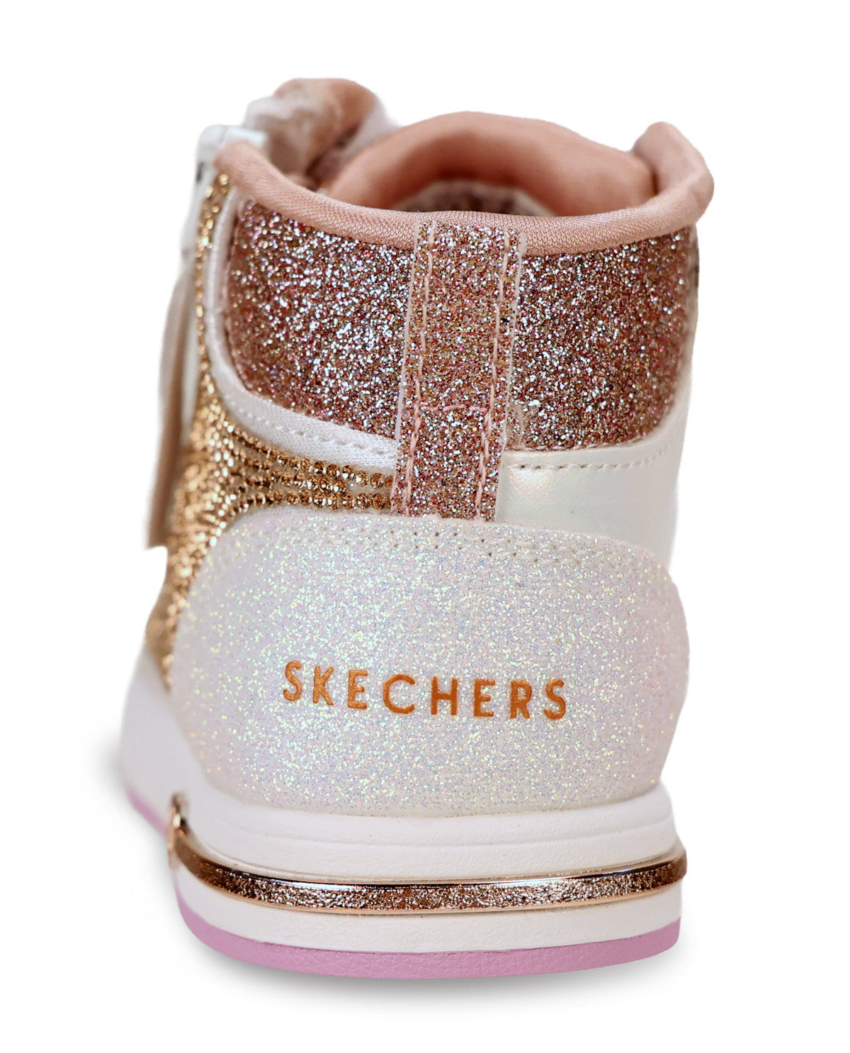 A Skechers high-top sneaker in white and glittery rose gold, featuring a glittery heel counter with the brand name 'SKECHERS' printed in gold, a glittery side panel, and a pink sole.