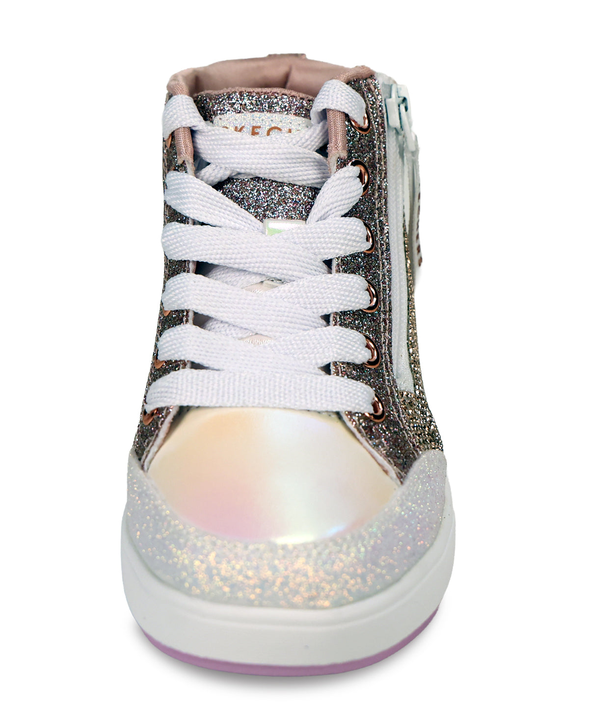 A high-top sneaker featuring a silver glitter upper, white laces, a white sole, and an iridescent holographic toe cap with a glittery white edge.