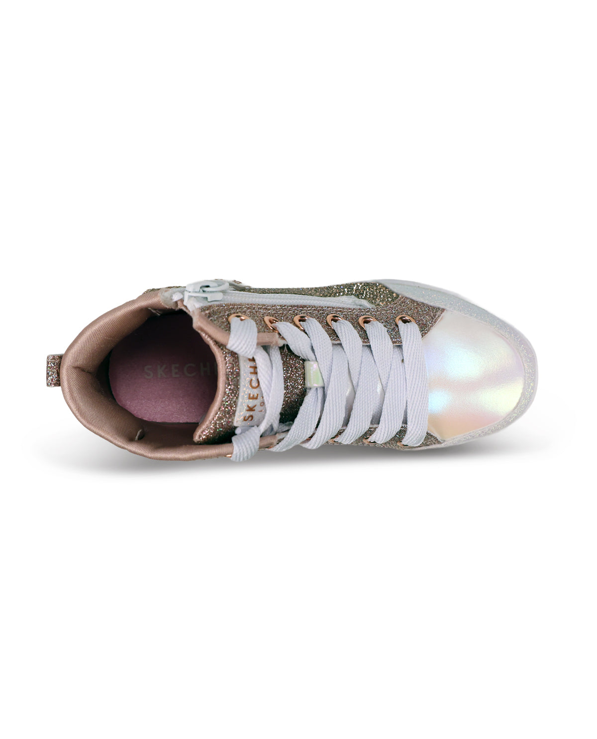 A single high-top sneaker shown from a side profile view against a plain white background. The shoe features a metallic gold glitter upper, white laces, a metallic silver heel, and a glossy iridescent white toe cap.