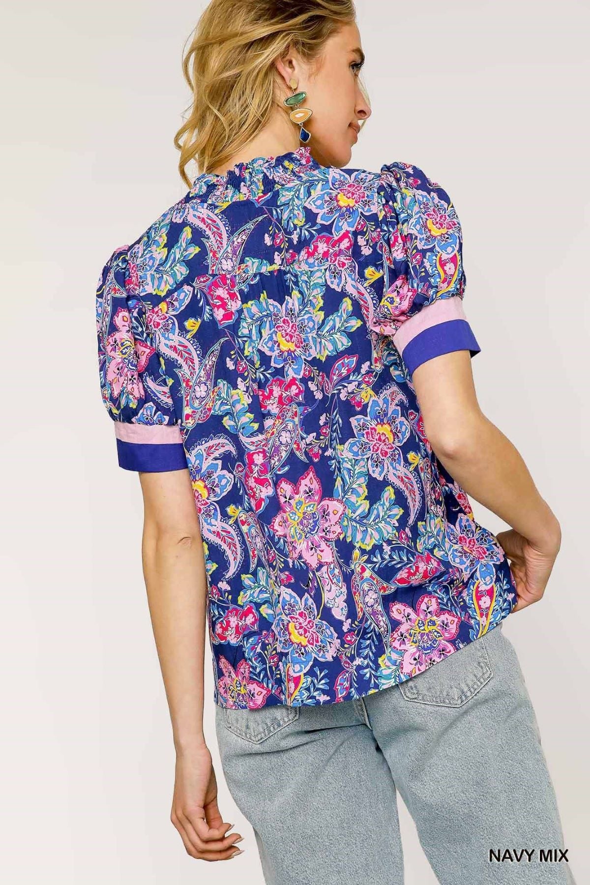 Boho Paisley Print Blouse with Ruffle Trim