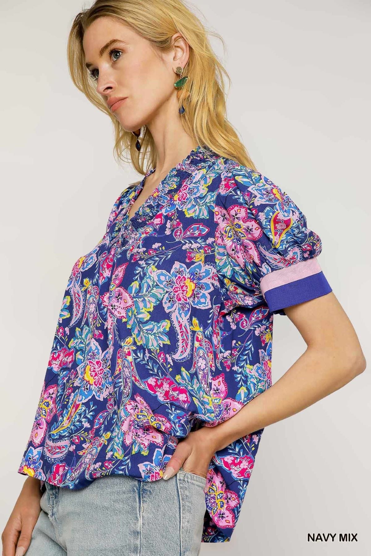 Boho Paisley Print Blouse with Ruffle Trim