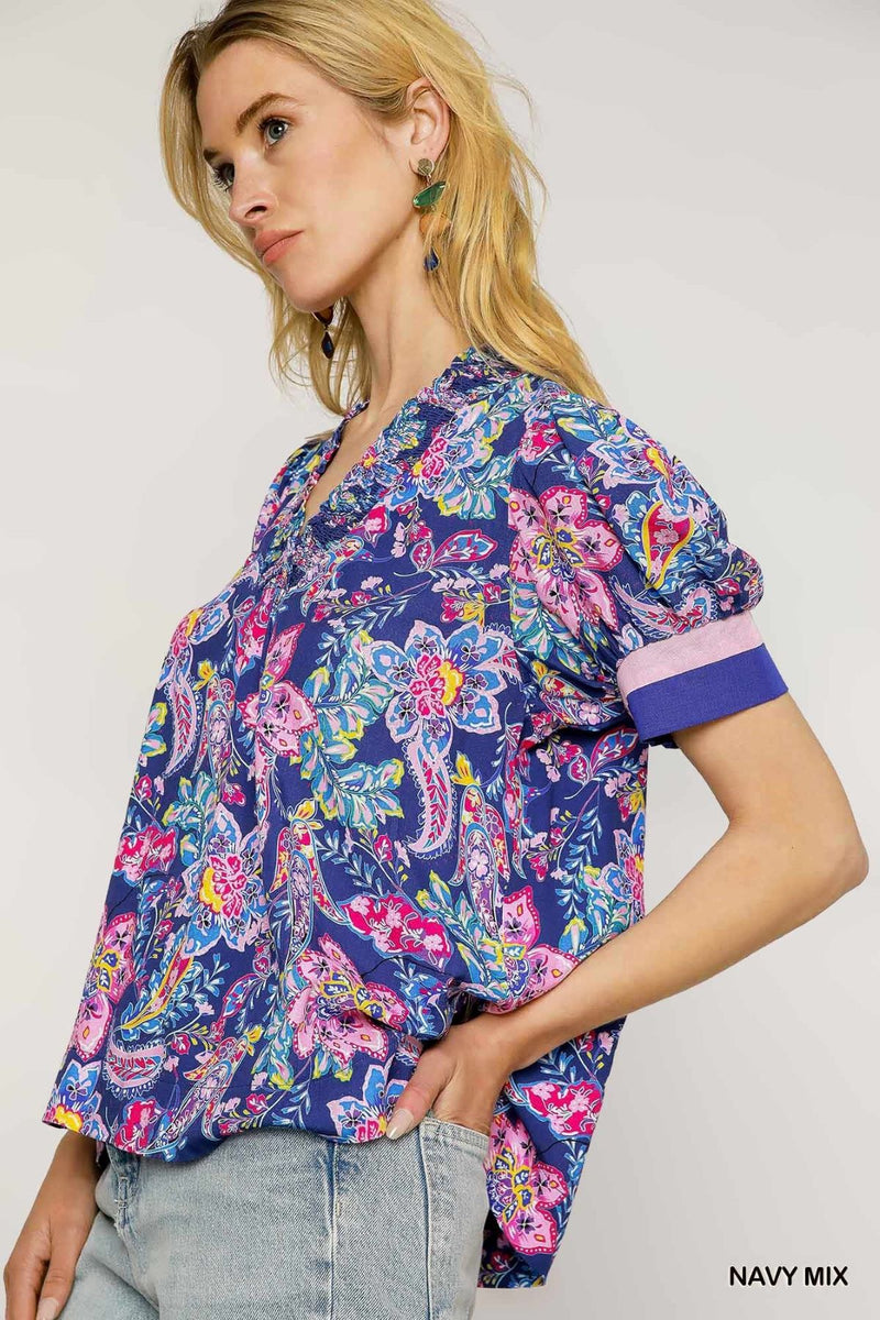 Boho Paisley Print Blouse with Ruffle Trim