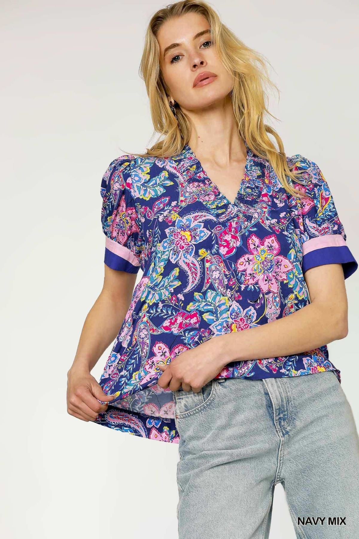 Boho Paisley Print Blouse with Ruffle Trim