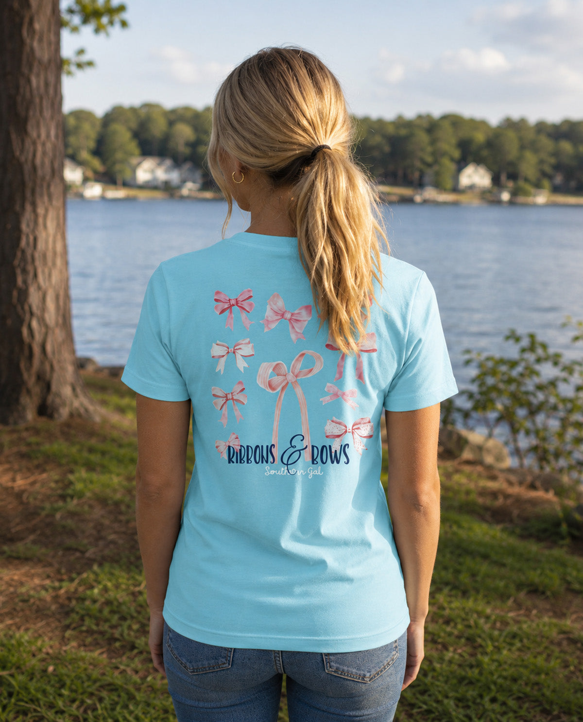 Southern Gal Bows Short Sleeve Screen Tee Sky Blue