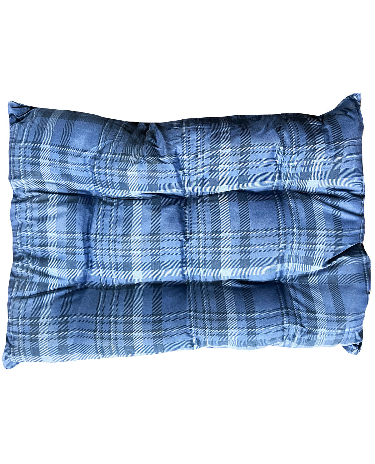 Blue plaid pillow on a white background