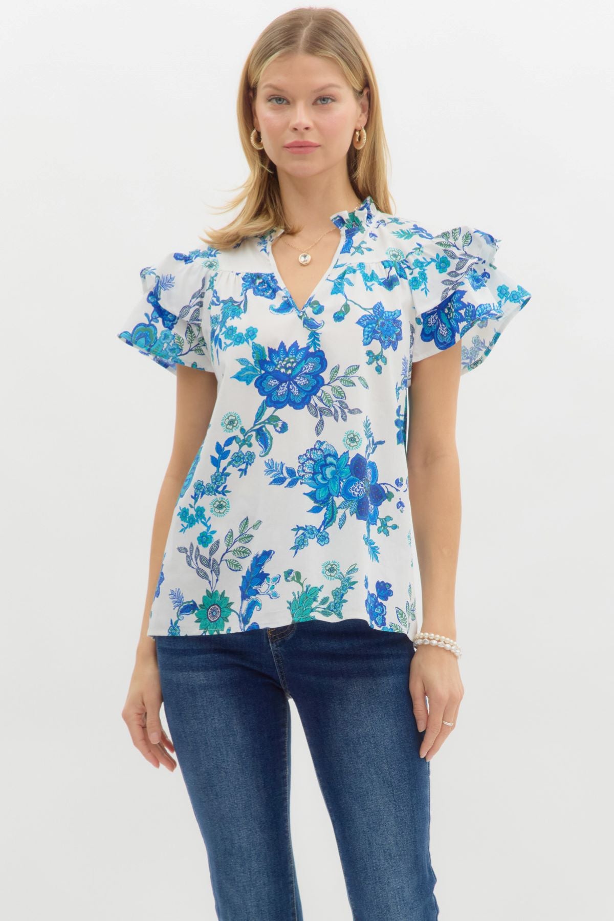 Floral Print Flutter Sleeves Top with Split Neckline