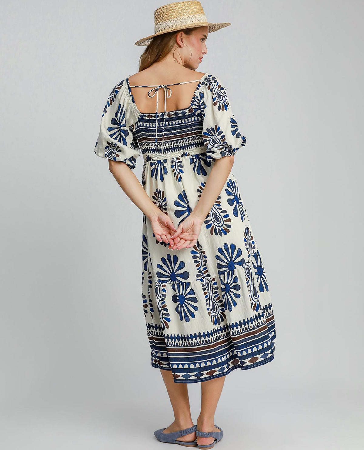 Border Print Smocked Midi Dress