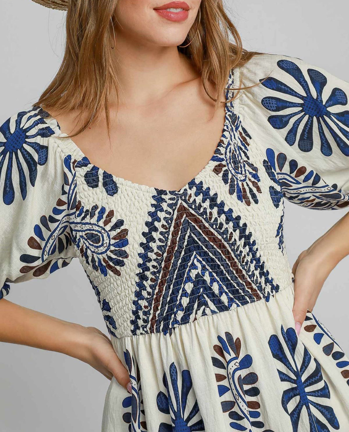 Border Print Smocked Midi Dress