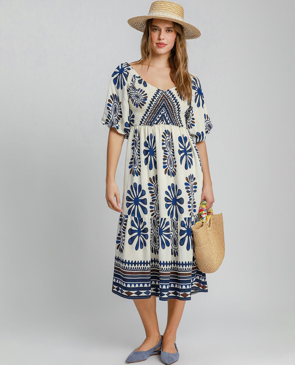Border Print Smocked Midi Dress