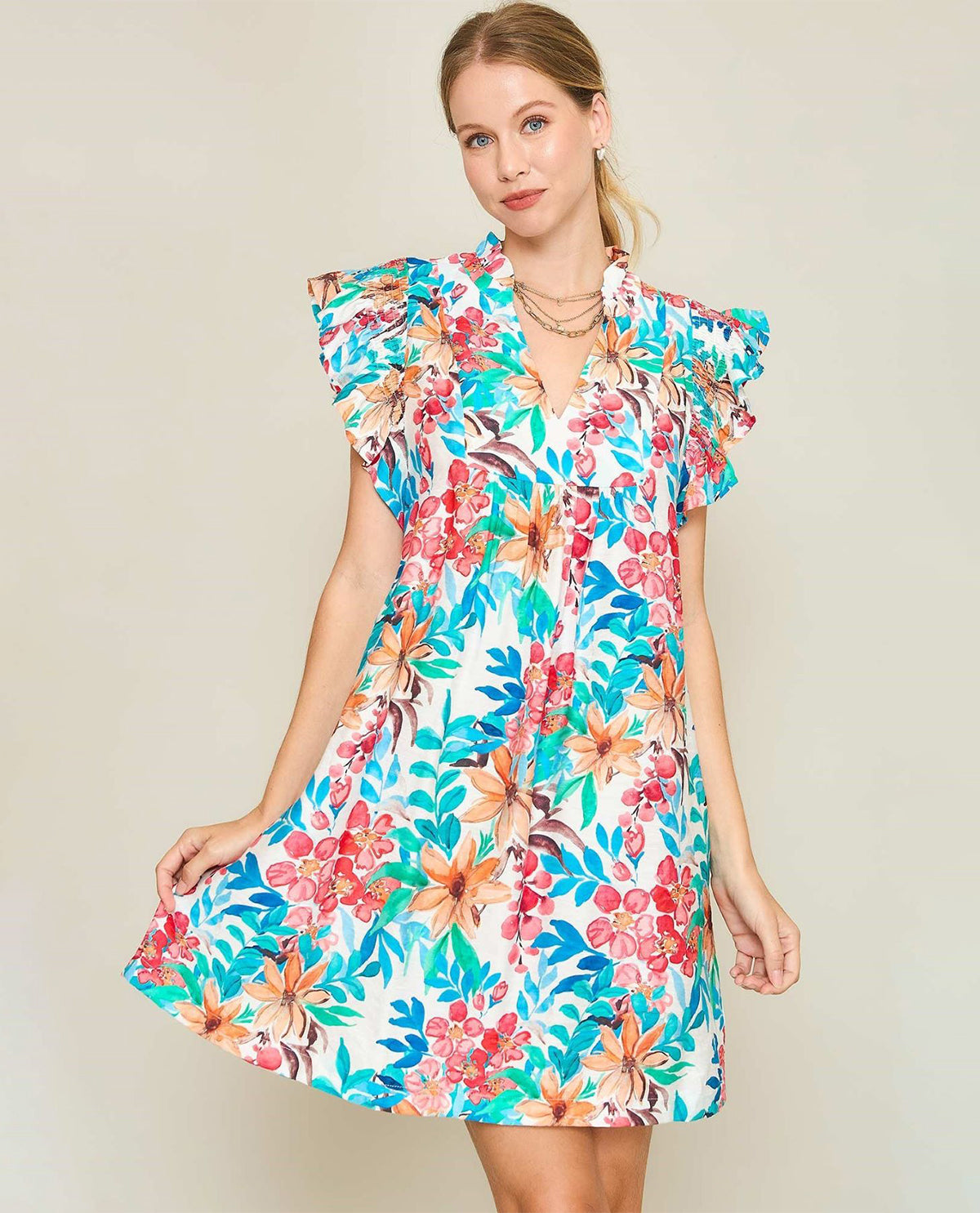 Floral Print Mini Dress with Ruffle Neckline & Flutter Sleeves