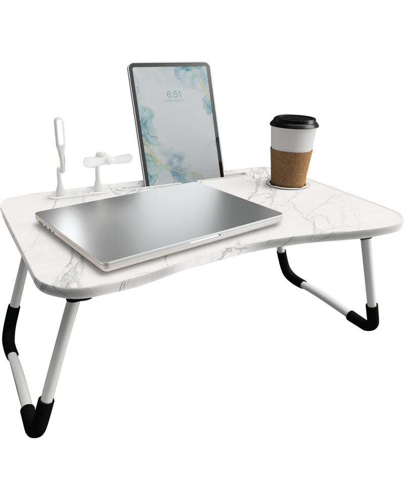 Foldable laptop desk with a laptop, cup, and tablet on a white background