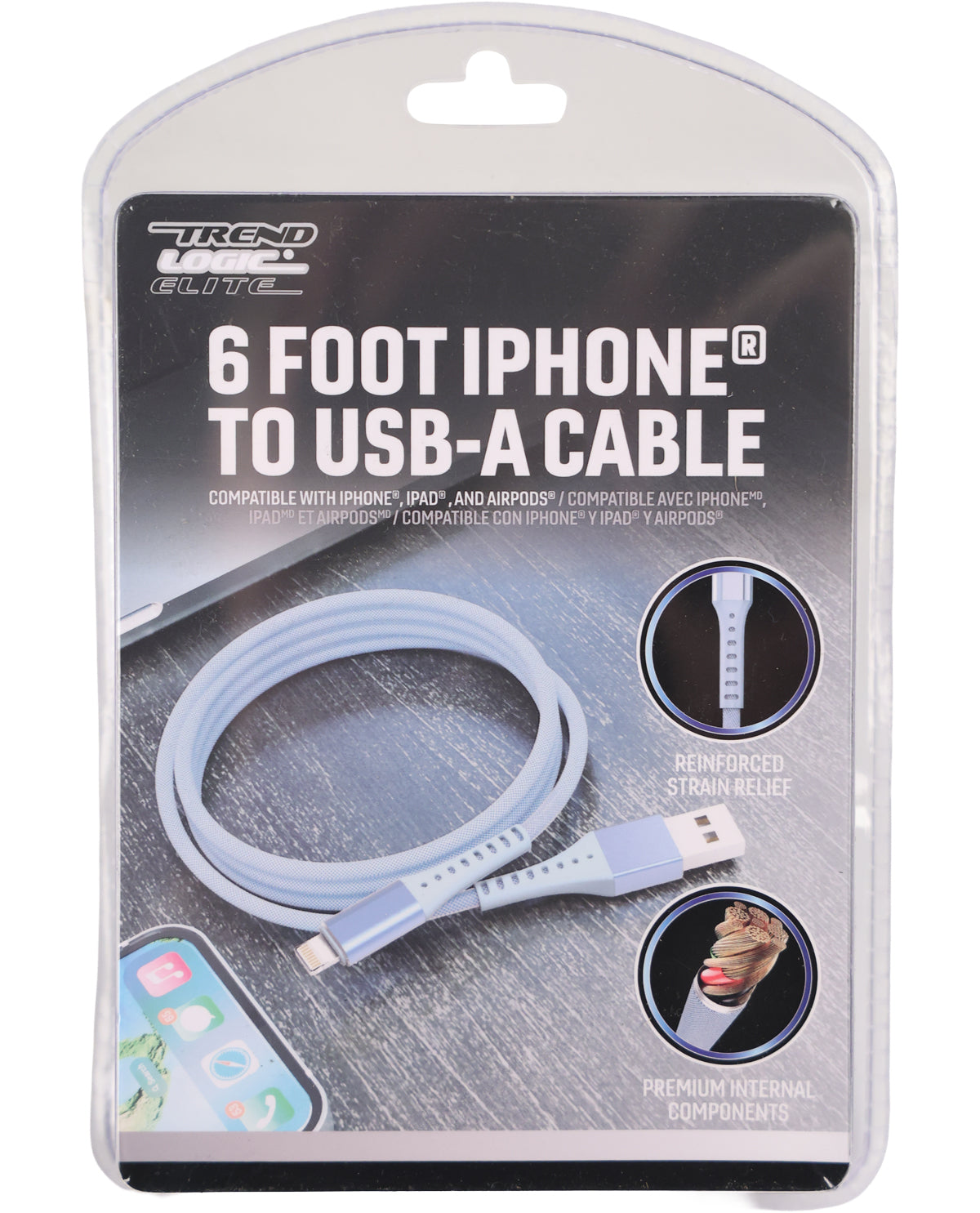Trend Elite 6 foot iPhone to USB-A cable in its original retail blister packaging, featuring a light blue cable with a USB-C connector on one end and a USB-A connector on the other.