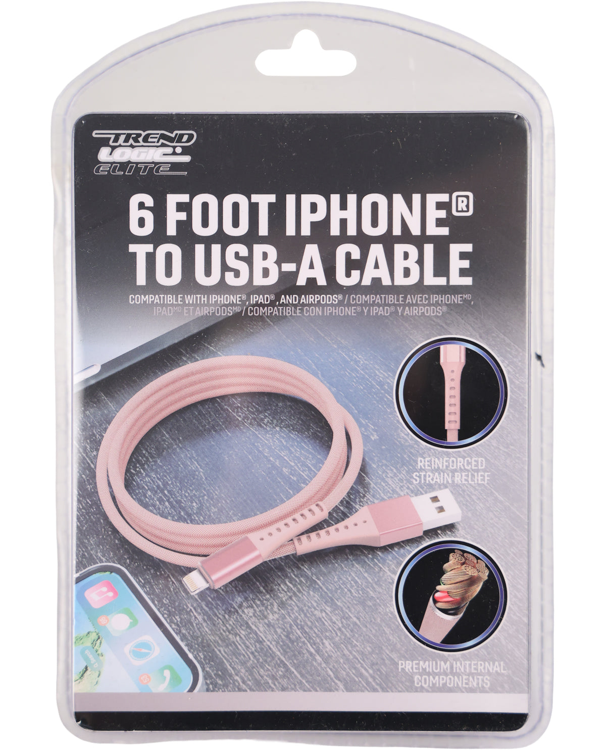 A pink iPhone to USB-A cable in its original retail blister packaging by Trend Elite. The packaging features a graphic of the coiled pink cable and highlights its reinforced strain relief and premium internal components.
