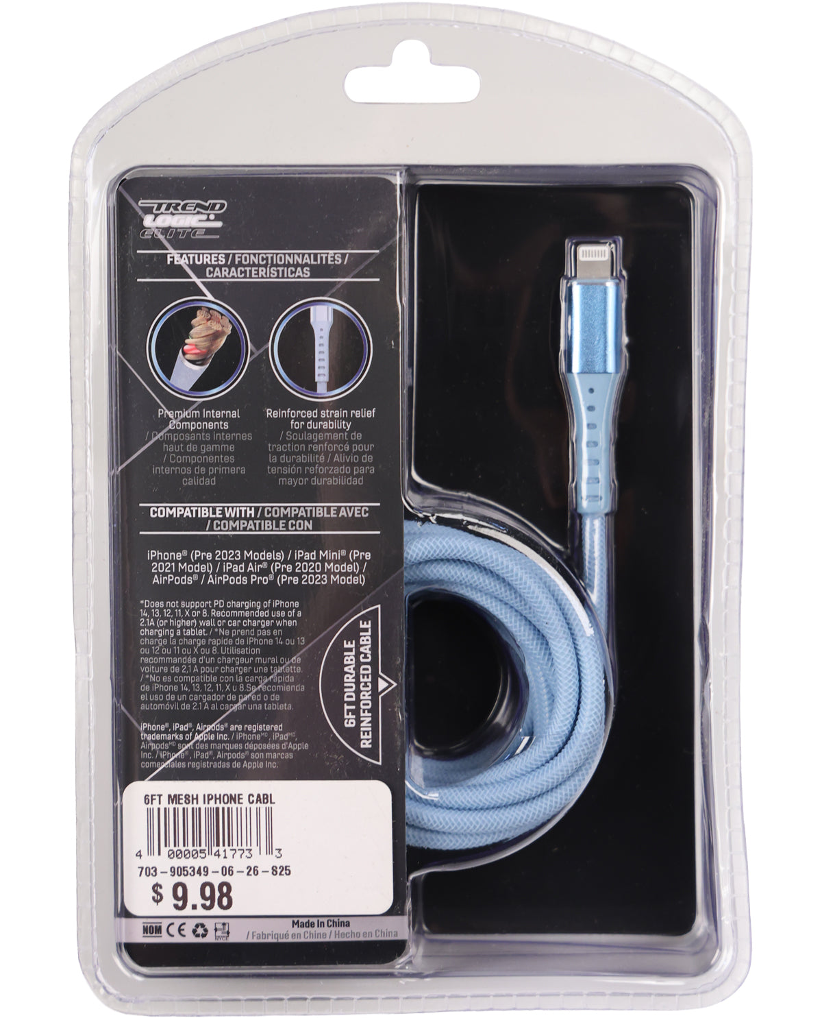 A light blue braided iPhone cable in its original retail blister packaging, featuring a black and white printed insert card with product specifications and compatibility details.