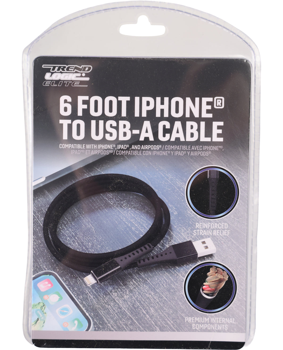 Trend Elite 6 foot iPhone to USB-A cable in its original retail blister packaging, featuring a black cable with a silver USB-C connector on the card.