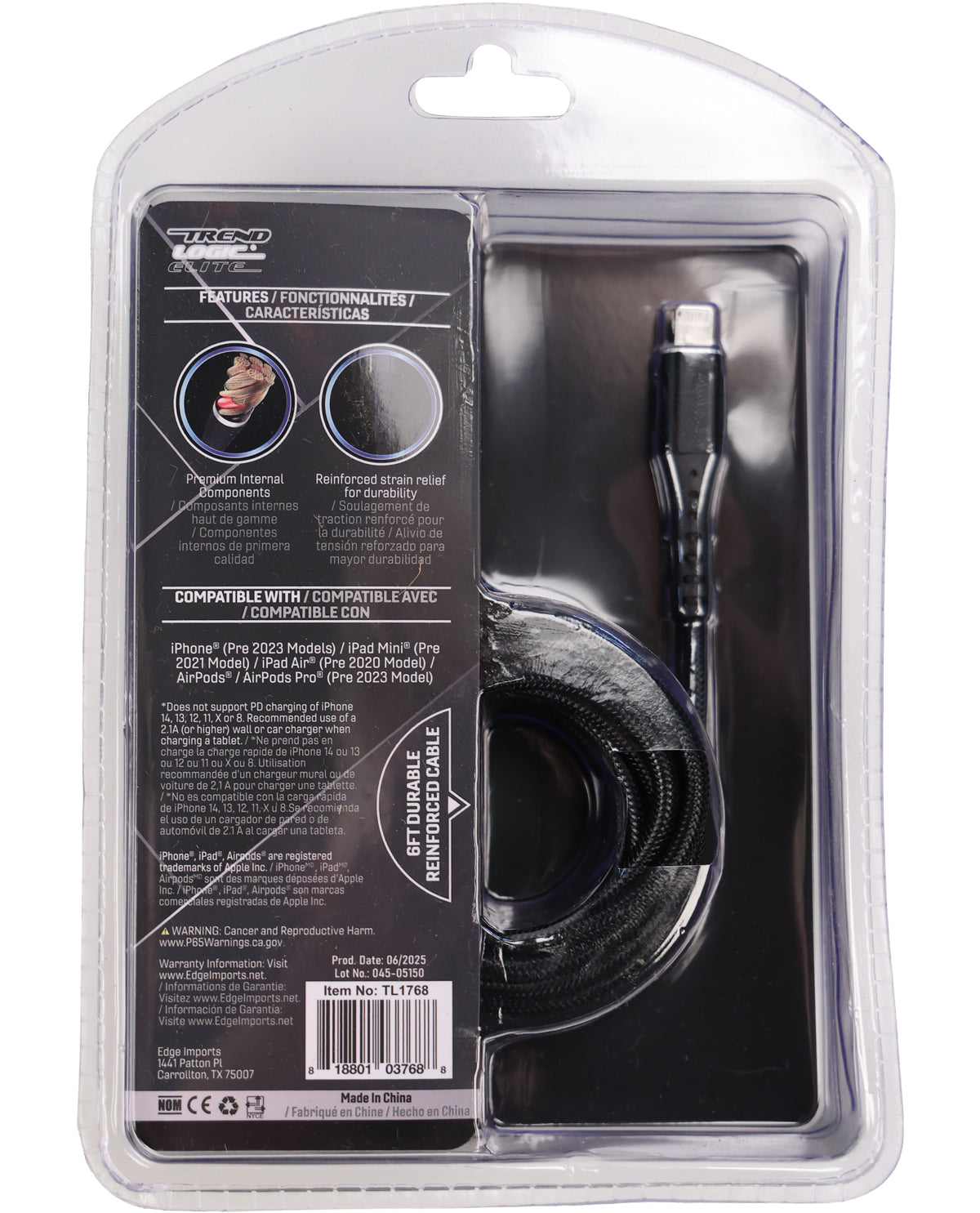 A black braided USB-C to USB-C cable in its original clear plastic blister packaging, featuring product specifications and compatibility details on the left side.
