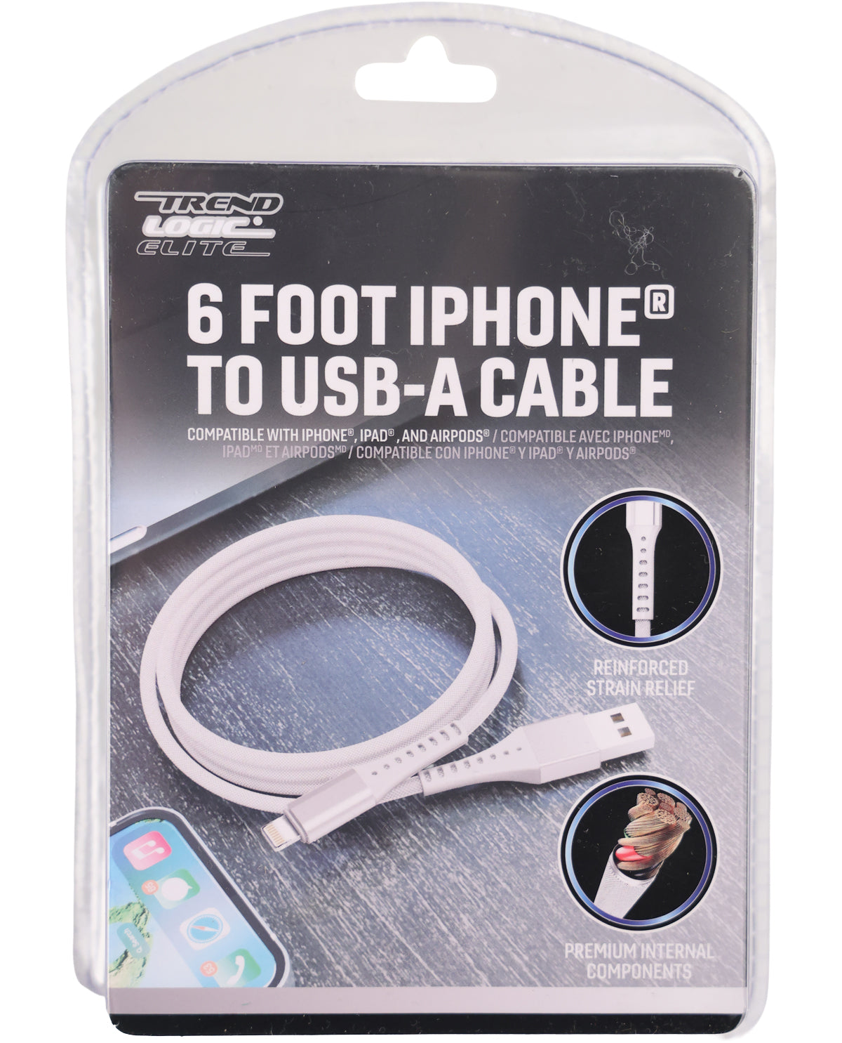 Trend Elite 6 foot iPhone to USB-A cable in its original retail blister packaging, featuring a white cable with a light blue tip and a black and white printed card insert.