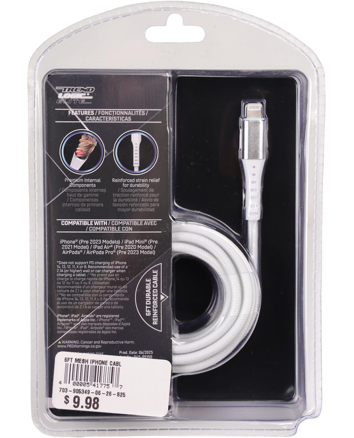 A Trend iPhone cable in its original retail blister packaging, featuring a white cable with a silver connector on the right, and detailed black product information on the left.