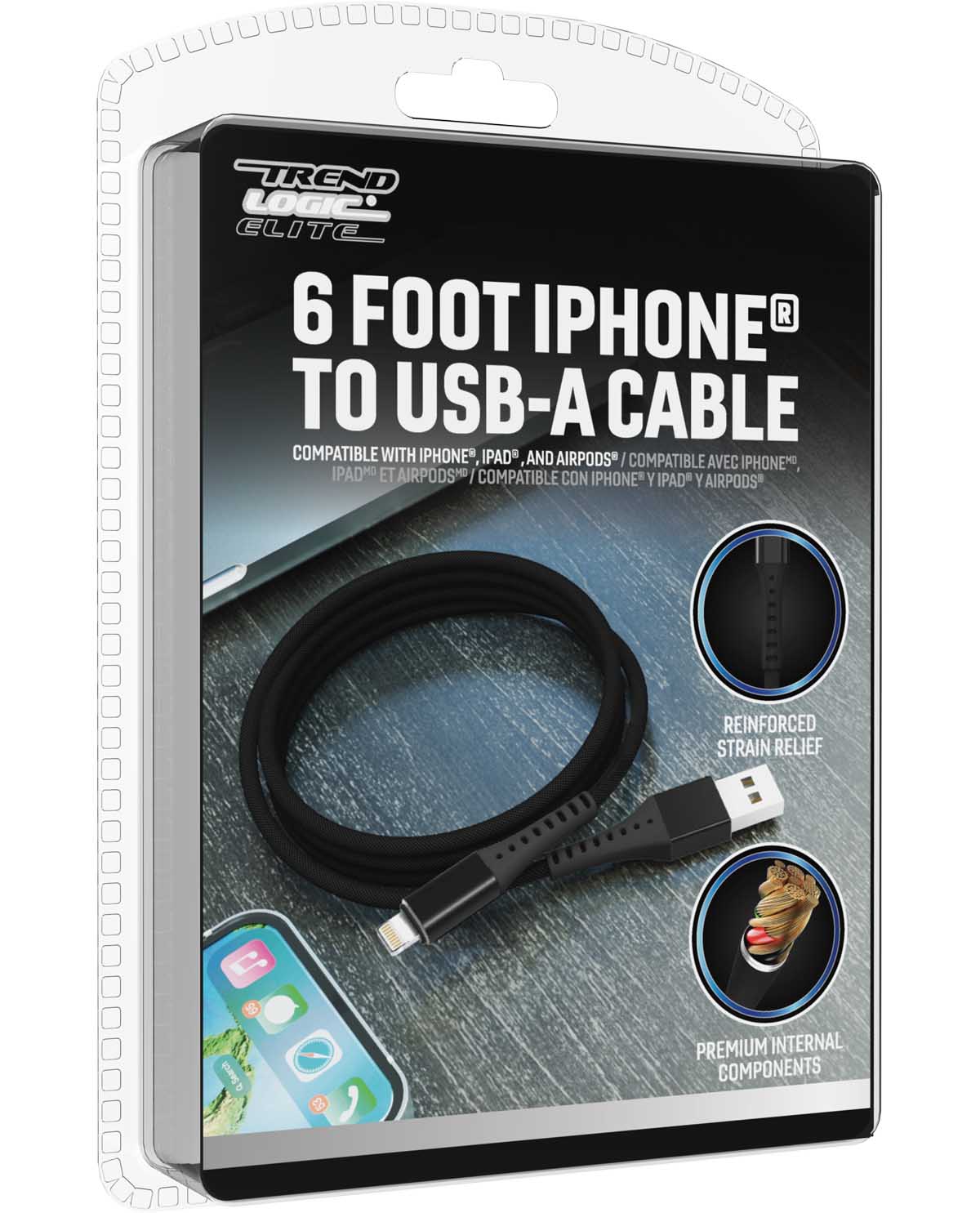 A 6-foot iPhone to USB-A cable in its original retail blister packaging by Trend Elite. The packaging features a black and gray design with a photo of the black cable coiled on a gray wood-textured surface, alongside compatibility badges for iPhone, iPad, and AirPod.