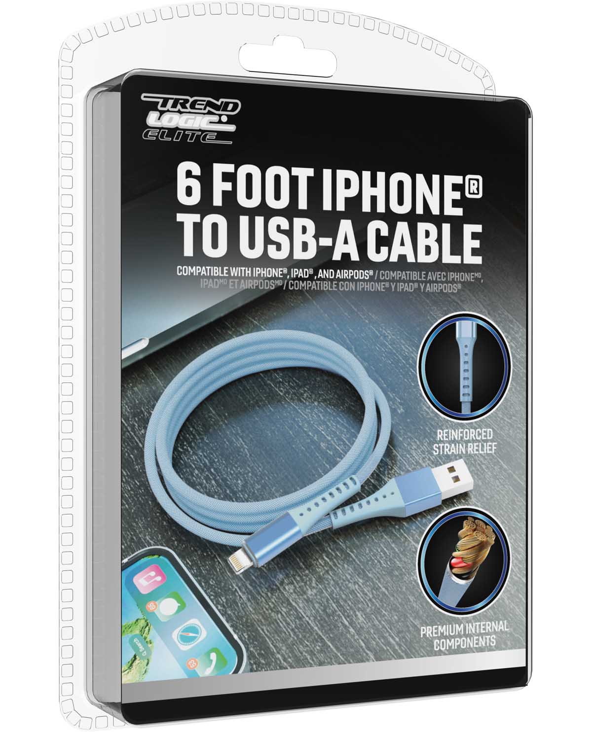 Trend Logic Elite 6 foot iPhone to USB-A cable in its original retail blister packaging, featuring a light blue cable with a USB-C to Lightning connector.