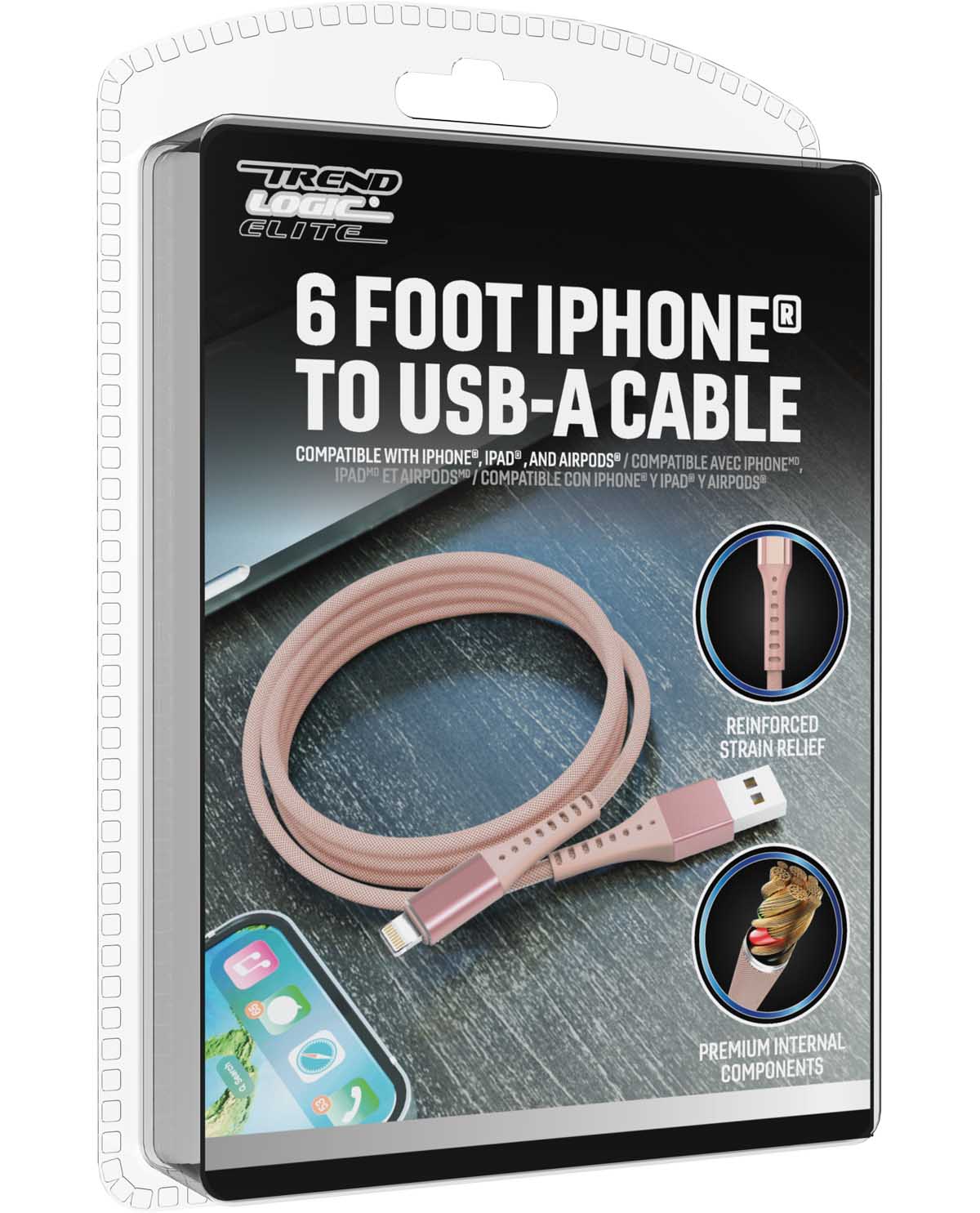 A 6-foot iPhone to USB-A cable in a light pink color, shown inside its retail blister packaging. The packaging features a black and gray design with product specifications and compatibility details.