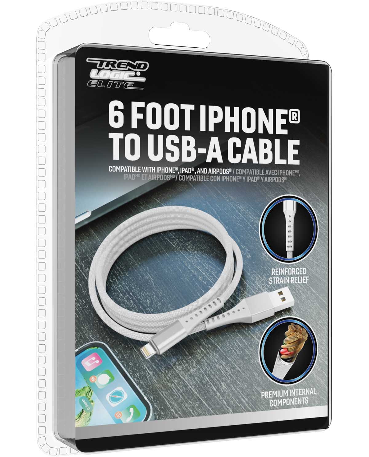 Trend Logix Elite 6 foot iPhone to USB-A cable in its original retail blister packaging, featuring a white cable with a Lightning connector and USB-A connector, shown on a dark background with product feature callouts.